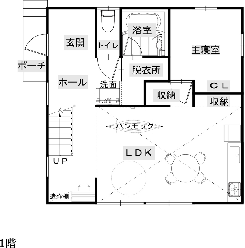 綿半林業 【31坪/1733万円/収納】子どもが伸び伸び育つ工夫が詰まった木の家の間取り図（3LDK）1階