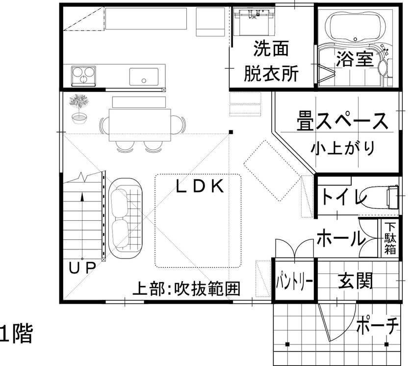 綿半林業 [29.9坪/タイル/小上がり]イロドリ空間に心躍るカラフルポップなひのきの家の間取り図null1階