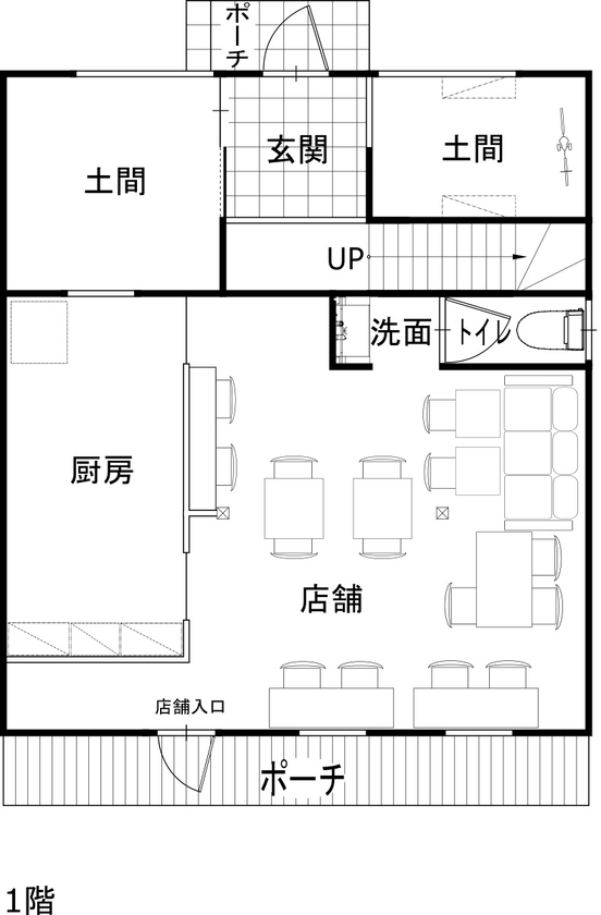 綿半林業 【4000万円/49坪/ひのき/子育て】たっぷり収納と家事ラクを叶えた皆の笑顔が集まる木の家の間取り図（店舗＋2LDK）1階
