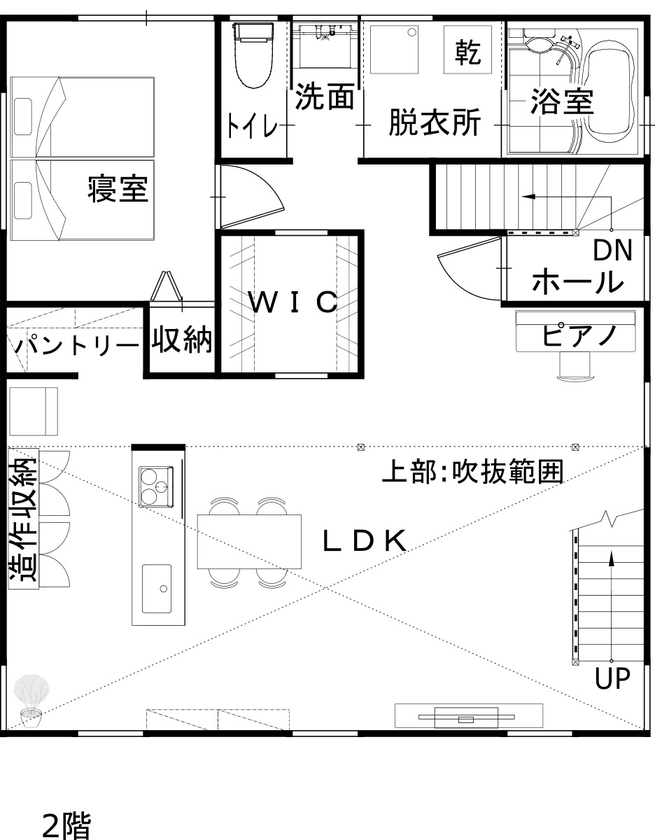綿半林業 【4000万円/49坪/ひのき/子育て】たっぷり収納と家事ラクを叶えた皆の笑顔が集まる木の家の間取り図（店舗＋2LDK）2階