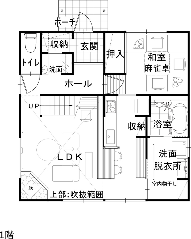 綿半林業 【1930万円/ひのき/家事動線/ペット】森林浴できるリビングのある山小屋風のひのきの家の間取り図（3LDK＋小屋裏収納）1階