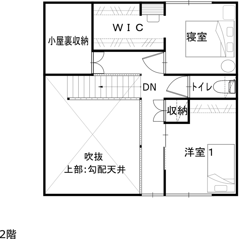 綿半林業 【1930万円/ひのき/家事動線/ペット】森林浴できるリビングのある山小屋風のひのきの家の間取り図（3LDK＋小屋裏収納）2階