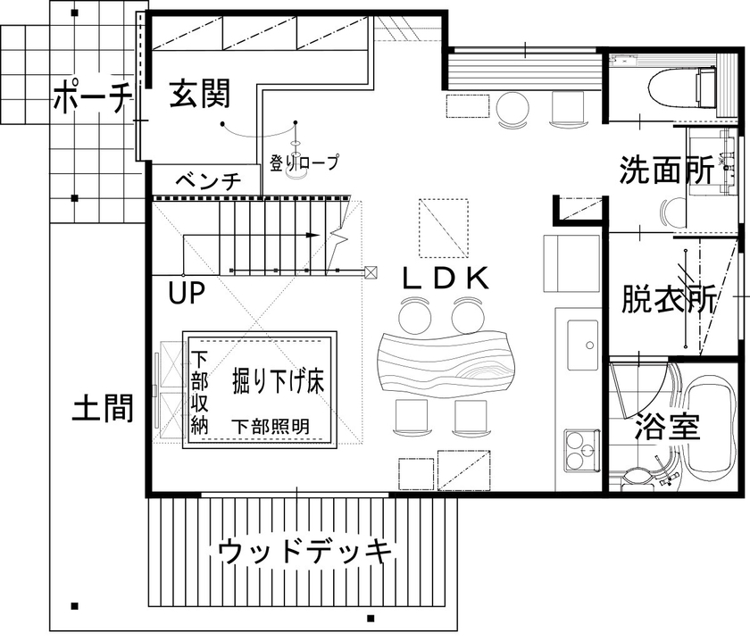 綿半林業 【2500万円台/29坪/ダウンフロアリビング/子育て】家事ラク動線や秘密基地で快適と楽しさが両立した木の家の間取り図（3LDK＋小屋裏）1階