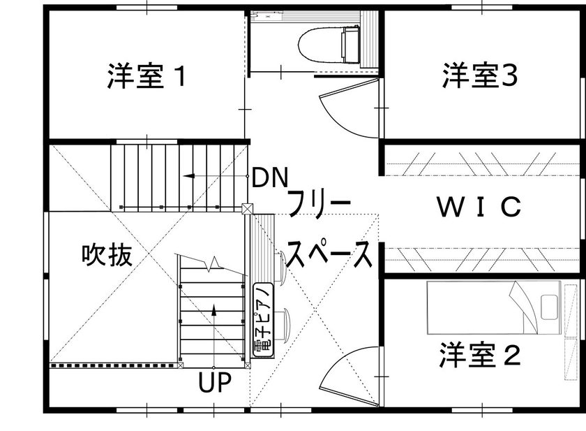 綿半林業 【2500万円台/29坪/ダウンフロアリビング/子育て】家事ラク動線や秘密基地で快適と楽しさが両立した木の家の間取り図（3LDK＋小屋裏）2階