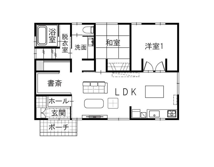 綿半林業 【1000万円台後半/29坪/20代/ペット】好みの趣味空間にする楽しさあふれるひのきの平屋の間取り図（2LDK）1階
