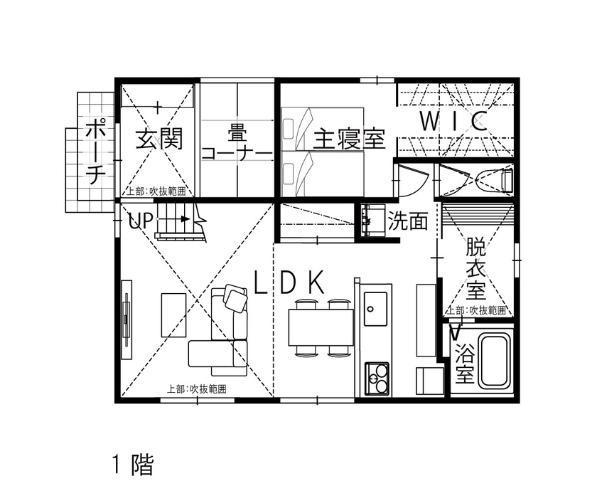 綿半林業 【1724万円/36坪/ひのき/子育て】人を呼ぶのが楽しみになる癒しの古民家風ひのきの家の間取り図（3LDK）1階