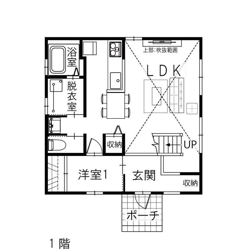 綿半林業 【2000万円台/ペット/ひのき】人も猫も心地いい大空間が広がる古民家風ひのきの家の間取り図（2LDK）1階