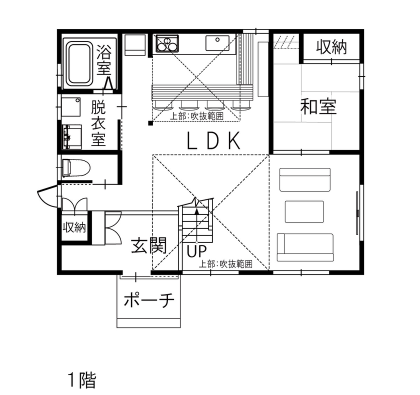 綿半林業 【2400万円/子育て/家事動線/吹抜け】ログハウスと古民家のイイトコドリした木の家の間取り図（3LDK）1階