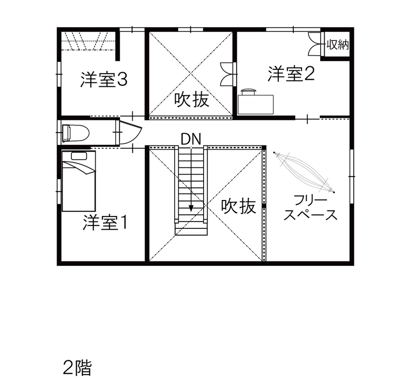 綿半林業 【2400万円/子育て/家事動線/吹抜け】ログハウスと古民家のイイトコドリした木の家の間取り図（3LDK）2階