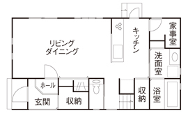 アーキホームライフ ［京都・～2000万円・30坪以下・駐車場有］自然素材をふんだんに使ったローコストの家の実例（間取り有）の間取り図（3LDK）1階
