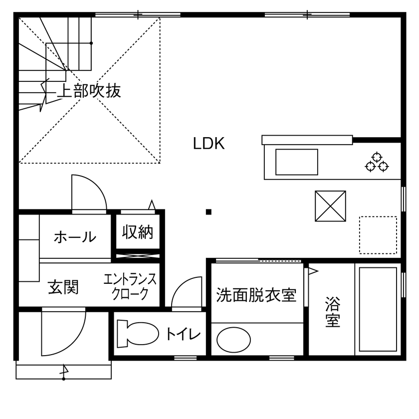 アーキホームライフ ［京都・1000万円台・30坪以下・駐車場有］狭小でも大きな吹抜けを実現した開放感のある家（間取り有）の間取り図（3LDK）1階