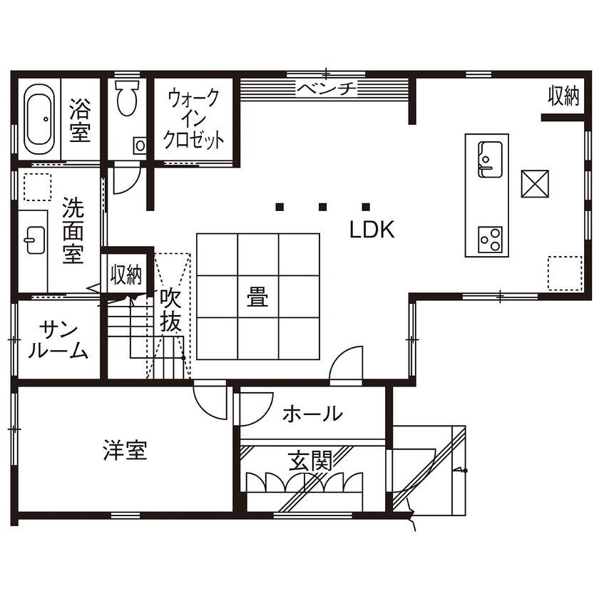 アーキホームライフ ［京都・1000万円台］ネイビーブルーの外壁とアルダーの無垢材がおしゃれなナチュラルな家（間取り有）の間取り図（4LDK）１階