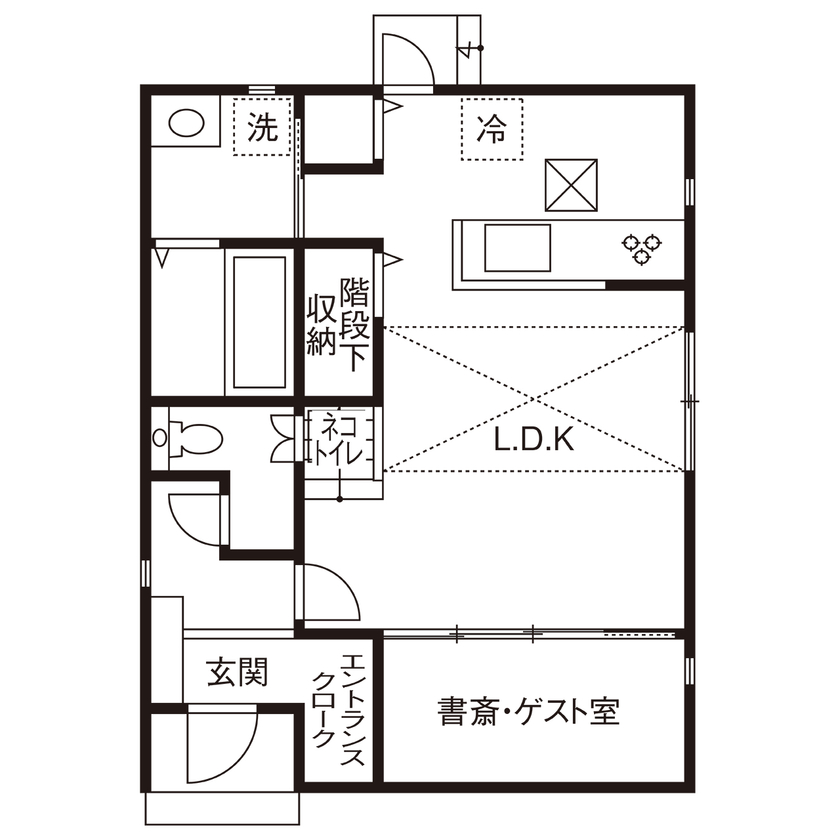 アーキホームライフ 【大阪/1000万円台/吹き抜け】ネコと一緒に快適に暮らす。シンプルな窓なし外観の中に、開放的な家の間取り図（3LDK）1階