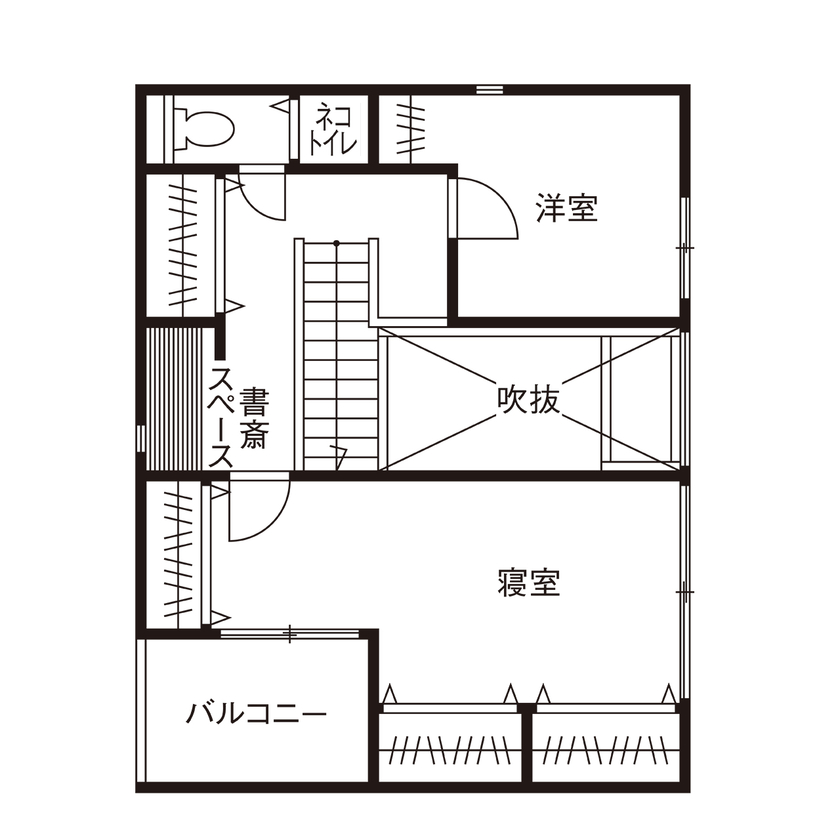 アーキホームライフ 【大阪/1000万円台/吹き抜け】ネコと一緒に快適に暮らす。シンプルな窓なし外観の中に、開放的な家の間取り図（3LDK）2階
