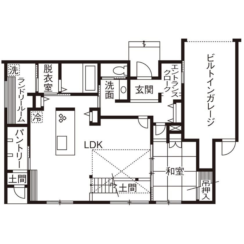 アーキホームライフ 【土間/鉄骨階段/ビルトインガレージ】人が集まりやすいシンプルな家。テレワークも景色を眺めながら快適にの間取り図（4LDK）１階