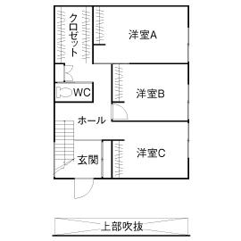 アーキホームライフ 【大阪・～2000万円・おしゃれな家】全方位に窓を配置した、光と風が通り抜ける２階リビングの家の間取り図（3LDK）1階