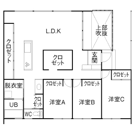 アーキホームライフ 【大阪・～2000万円・おしゃれな家】カーテンのいらない暮らしを叶えた白いハコの平屋の家の間取り図（3LDK）1階