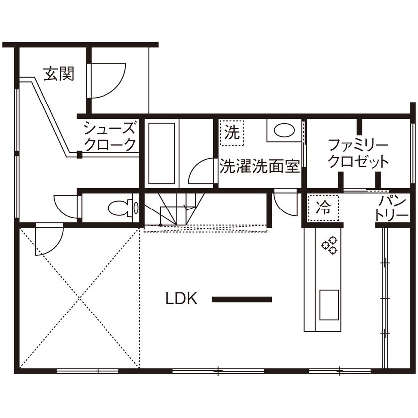 アーキホームライフ 【2000万円台・高天井・回遊動線】プライバシーを守り、中は開放的に。こだわりの動線で家事ラクも叶えたの間取り図（2LDK）1階
