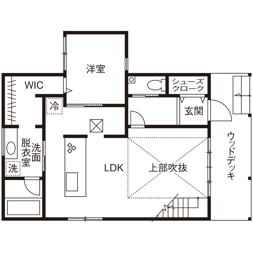 アーキホームライフ 【2000万円台・吹き抜け・家事ラク】憧れの西海岸スタイル。デザインと性能、暮らしやすさすべてに満足な家の間取り図（4LDK）1階