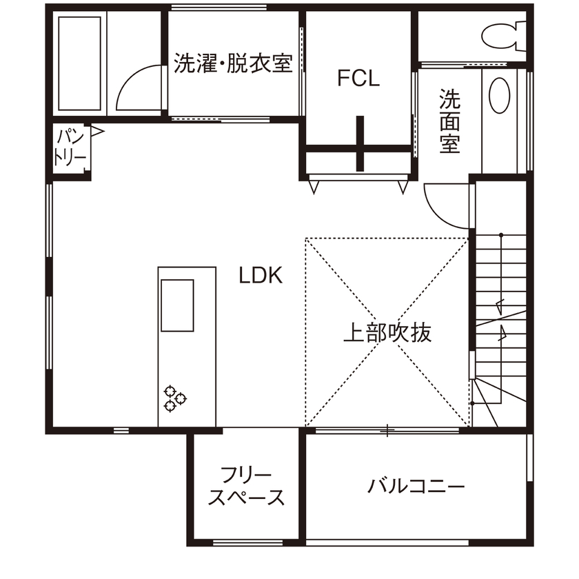 アーキホームライフ 【2世帯/3階建て/2000万円台】「開放感」がテーマ。吹き抜けやガラスのハイドア、インナーバルコニーが魅力の間取り図（5K以上）2階
