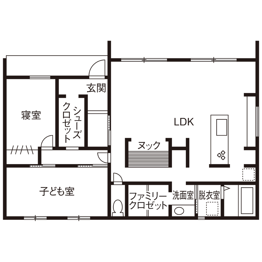 アーキホームライフ 【平屋・家事ラク・回遊動線】秘密基地のような「ヌック」が楽しい広々LDK。子育て家族のおしゃれな家の間取り図（2LDK）1階