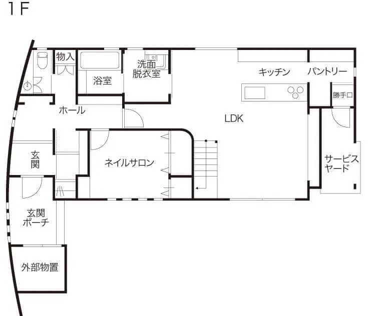 サンプロ 【4LDK・R壁・家事動線・建築士設計】クールさに込めた気遣いと安心の間取り図（4LDK）１階