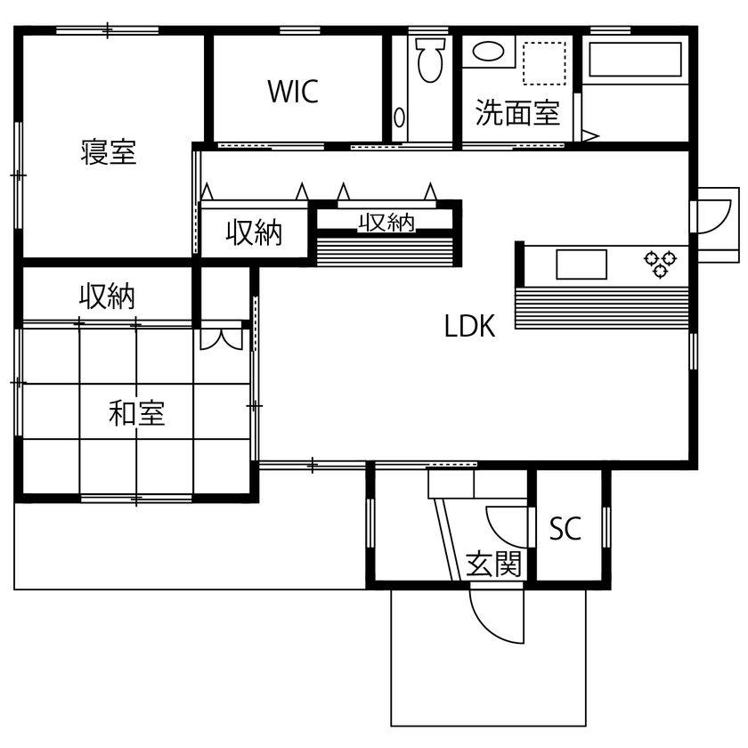 SAWAMURA建築設計 【滋賀県／平屋／狭小24.1坪】コンパクトでありながら、ゆったりとした終の棲家に。間取り図有の間取り図（２LDK＋WIC）1階