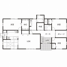 横尾材木店 【2000万円台】愛車を身近に感じるバイクガレージのある平屋。ブラウンで統一したＬＤＫで寛ぎの時間をの間取り図（4LDK）１階