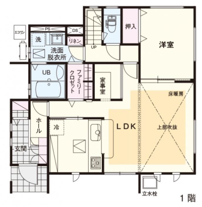 横尾材木店 【2000万円台】土地からすべてお任せ／コスパの良さが決め手／在宅ワーク／子育て快適／ヘリンボーン柄の間取り図（4LDK）1階