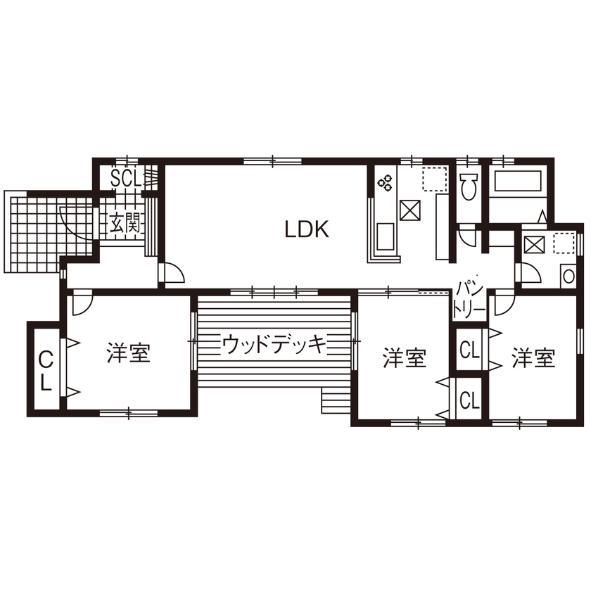 横尾材木店 【1800万円台】平屋／6帖のウッドデッキ／リゾートスタイル／石目調床材で高級感を演出／折り上げ天井の間取り図（3LDK）1階