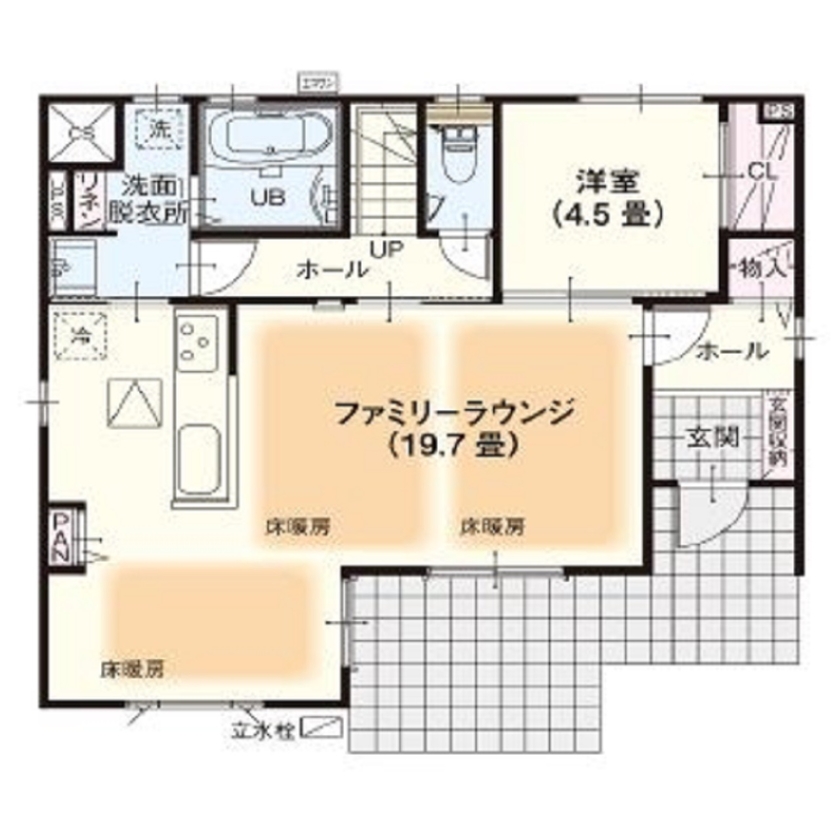 横尾材木店 【1900万円台】「おうちでちょこっとアウトドア」BBQやミニキャンプ家族の時間を楽しむ／4.5帖テラスデッキの間取り図（4LDK）1階