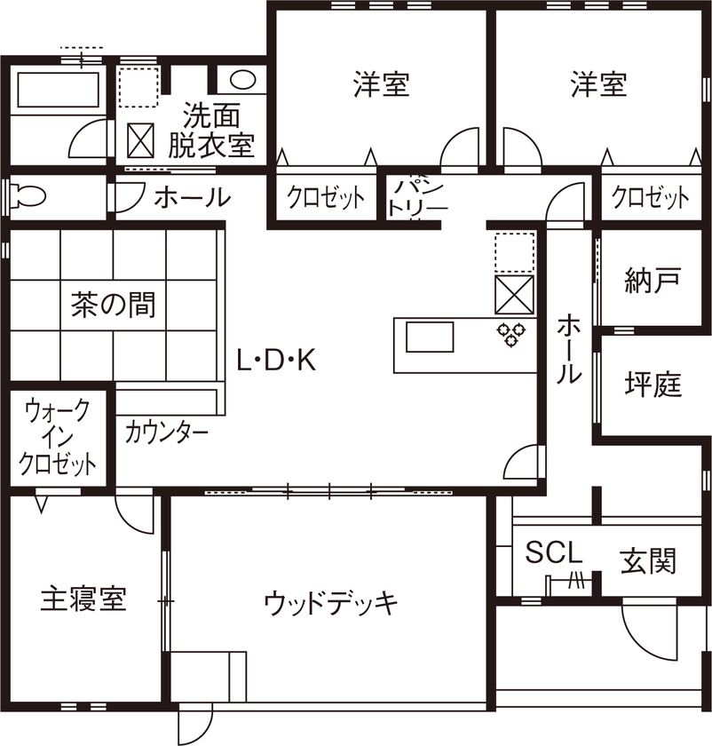 横尾材木店 【2700万円台】コの字型の平屋＋ウッドデッキ／愛犬と暮らす／ドッグラン／GRAFTEKT／横並びダイニングの間取り図（3LDK）1階