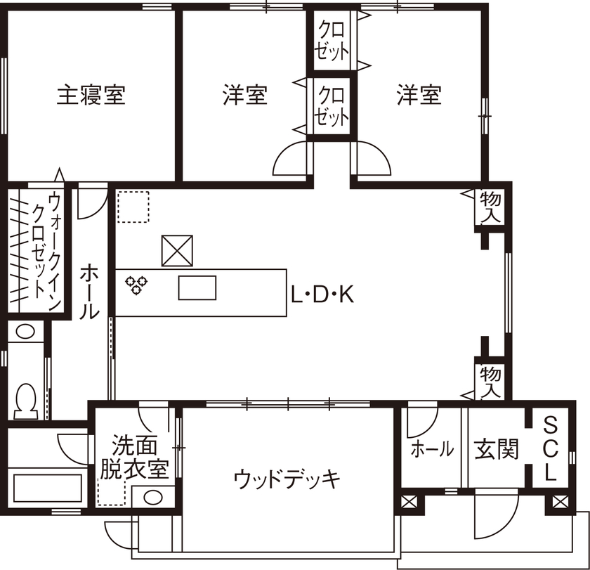 横尾材木店 【2600万円台】内と外を繋げるコの字型平屋／ウッドデッキ／プライバシーに配慮された設計／ヴィラスタイルの間取り図（3LDK）1階