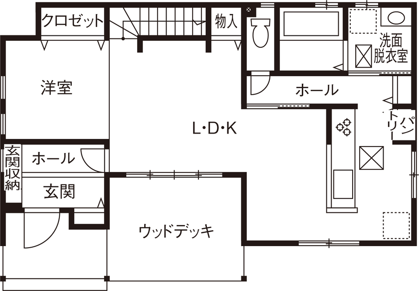 横尾材木店 【1800万円台】カリフォルニアスタイルのカバードポーチ／リビングの一部を小上がりにして空間をゾーニングの間取り図（4LDK）1階