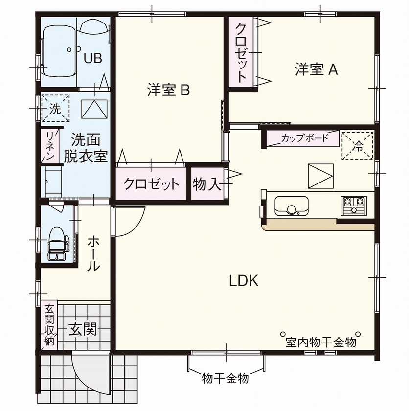 横尾材木店 【1304万円】夫婦の趣味を楽しむ終の棲家 平屋／2LDK／開放的な広々LDK／バリアフリー／駐車スペース5台分の間取り図（2LDK）1階