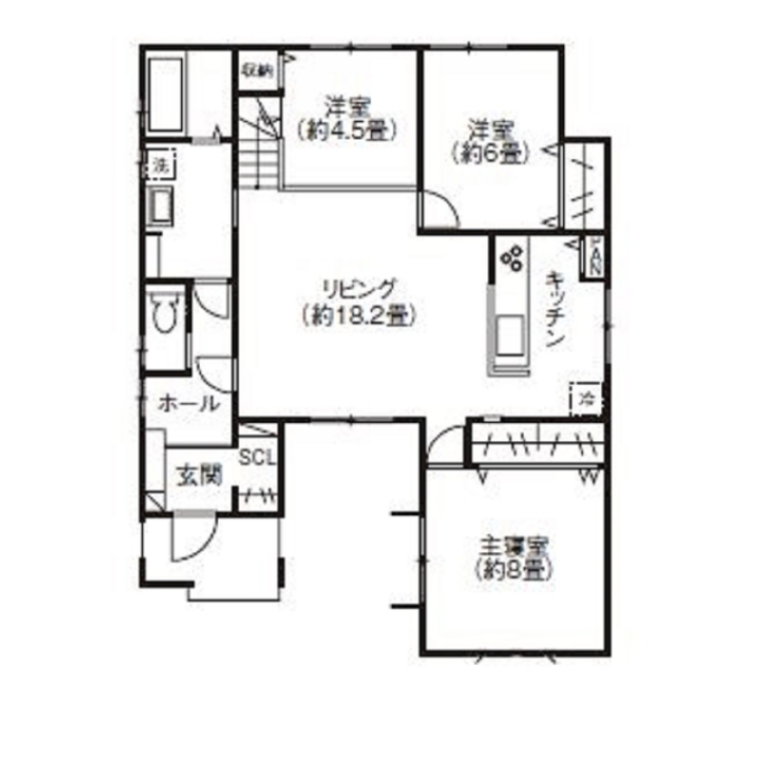横尾材木店 【1939万円】2人暮らし/平屋/1.5階建て/ロフト/天井高4ｍ/無駄がなく2人暮らしにぴったり コンパクトな平屋の間取り図（3LDK）1階
