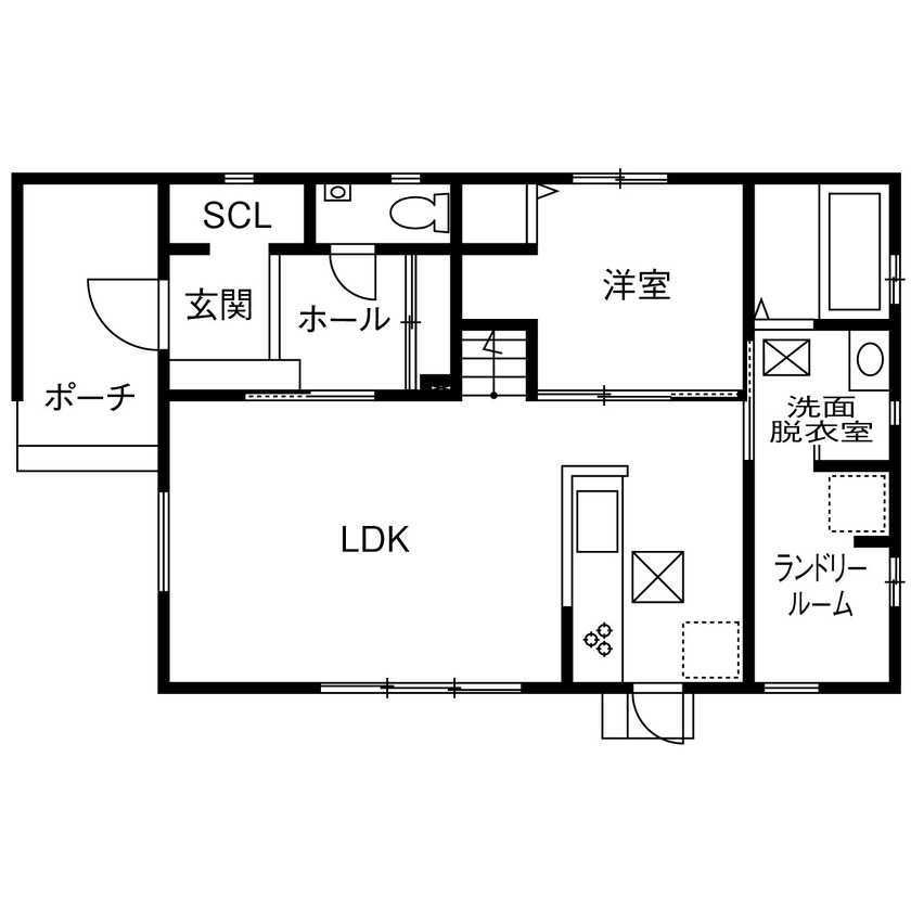 横尾材木店 【1800万円台】温水式床暖房／ペットに優しい床／ナチュラルで心地よいLDKと広々ランドリールームのある家の間取り図（4LDK）1階