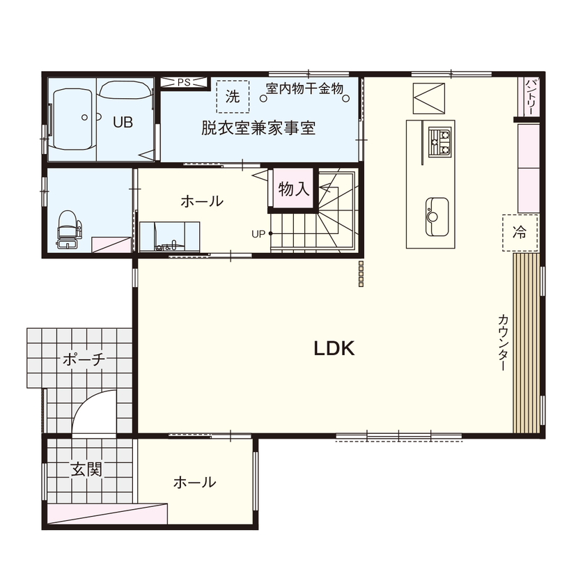 横尾材木店 【2000～2500万円】子育てが楽しくなる家／和モダン／3LDK／26畳の広々LDK／回遊動線／4畳の脱衣室兼家事室の間取り図（3LDK）1階