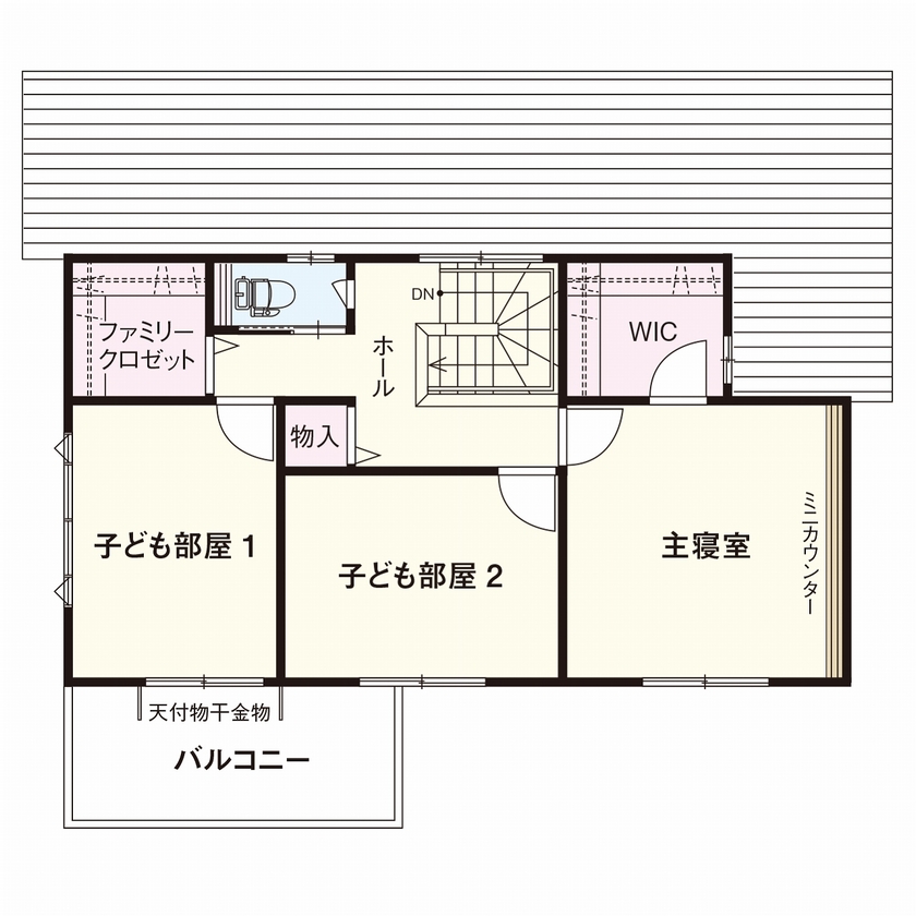 横尾材木店 【2000～2500万円】子育てが楽しくなる家／和モダン／3LDK／26畳の広々LDK／回遊動線／4畳の脱衣室兼家事室の間取り図（3LDK）2階