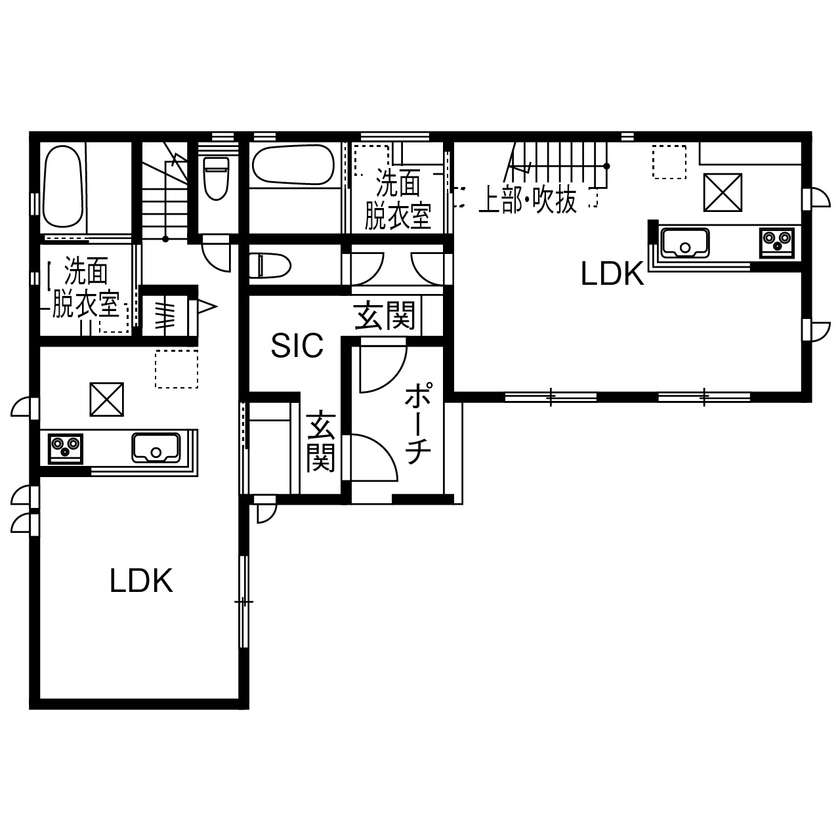 住宅情報館 【2000万円～2499万円／二世帯／間取図】居住空間を左右に振り分け、独立した戸建て感覚を楽しむ二世帯住宅の間取り図（5K以上）1階
