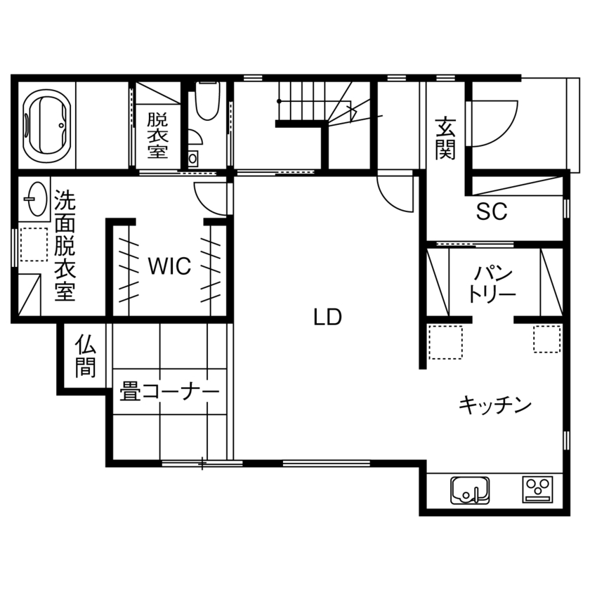 住宅情報館 【2000万円台／ランドリールーム／収納充実／間取図】家族の時間はもちろん、一人の時間も大切にする住まいの間取り図（2LDK+書斎×2部屋）1階