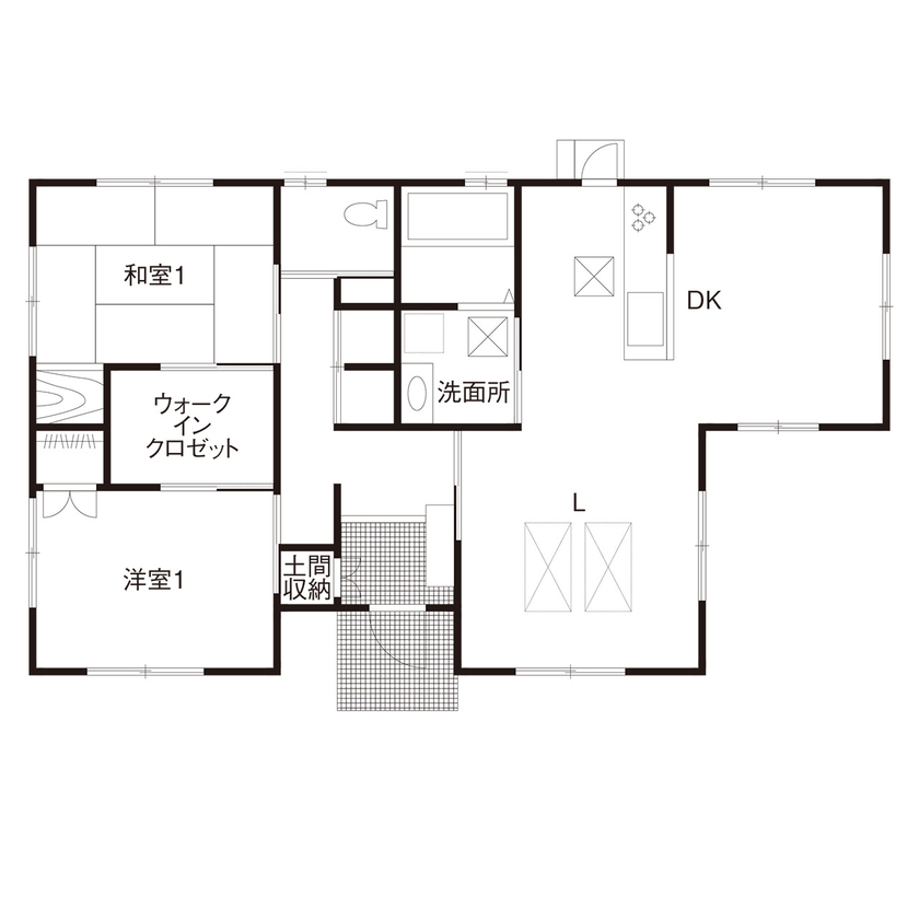 ニッケンホーム 【平屋/20坪台/バリアフリー】狭小地、採光難でも間取りの工夫で日差しを取り込む開放的な家の間取り図（2LDK）1階