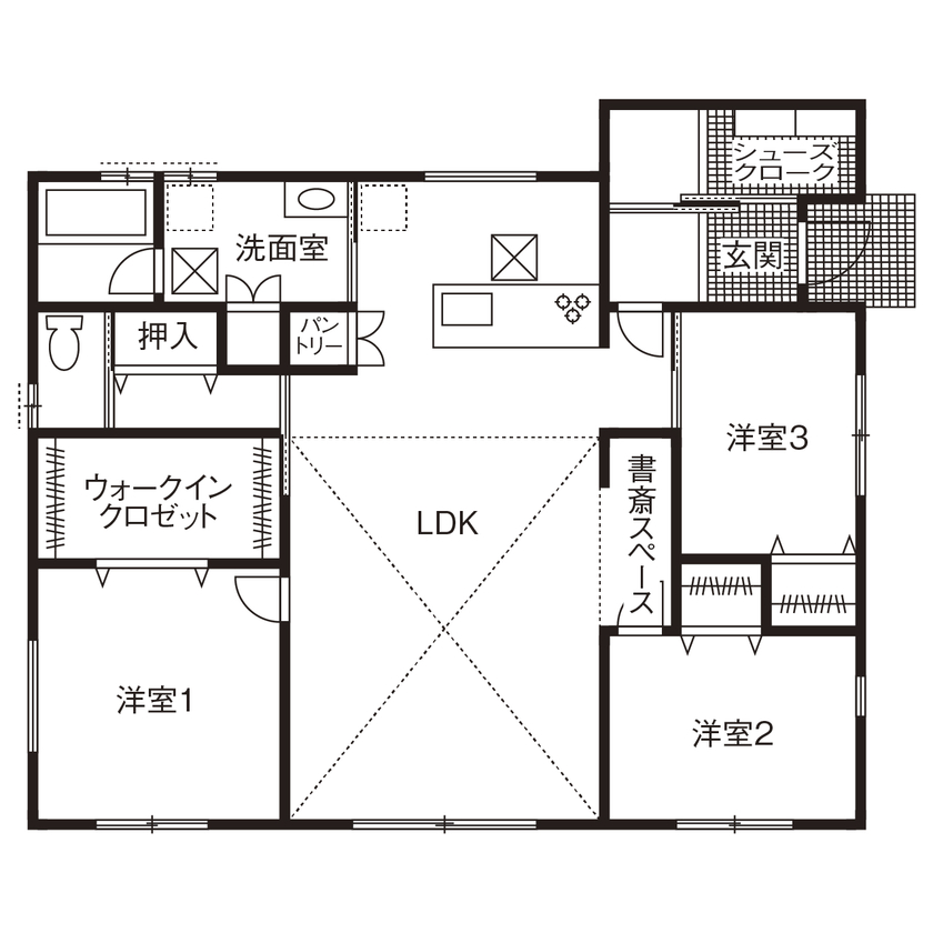 ニッケンホーム 【愛知県/間取り図】ZEH性能！趣味も楽しめる生涯住みやすいロフトのあるおしゃれな平屋実例の間取り図（3LDK）1階