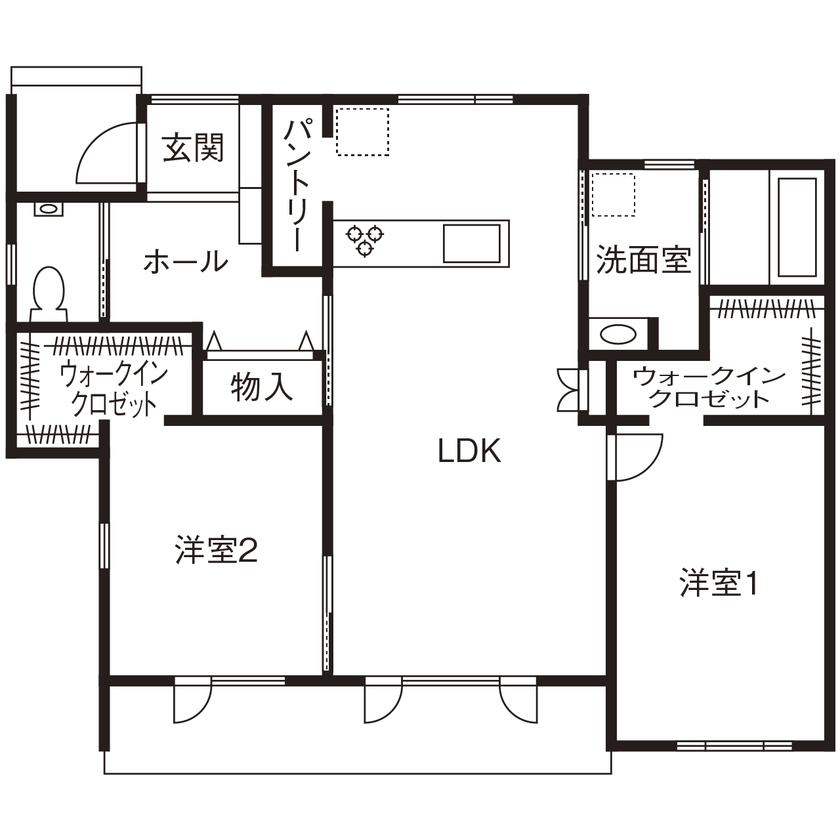 ニッケンホーム 【コンパクト平屋/20坪台/間取り図】UA値0.26の最高基準の断熱、C値0.1を予算内で。ずっと心地よさが続く家の間取り図（2LDK）1階