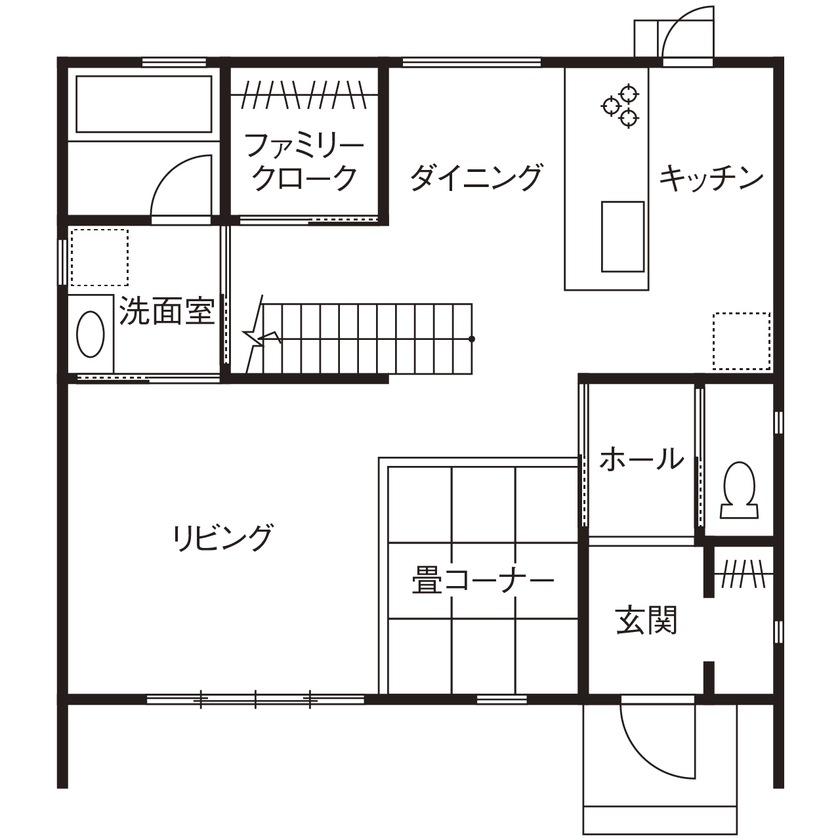 ニッケンホーム 【パッシブデザイン/間取り図】無垢材&グレーで落ち着きを表現。太陽と風で快適に暮らす家の間取り図（2LDK＋フリースペース）1階
