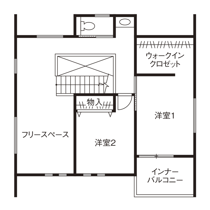 ニッケンホーム 【パッシブデザイン/間取り図】無垢材&グレーで落ち着きを表現。太陽と風で快適に暮らす家の間取り図（2LDK＋フリースペース）2階