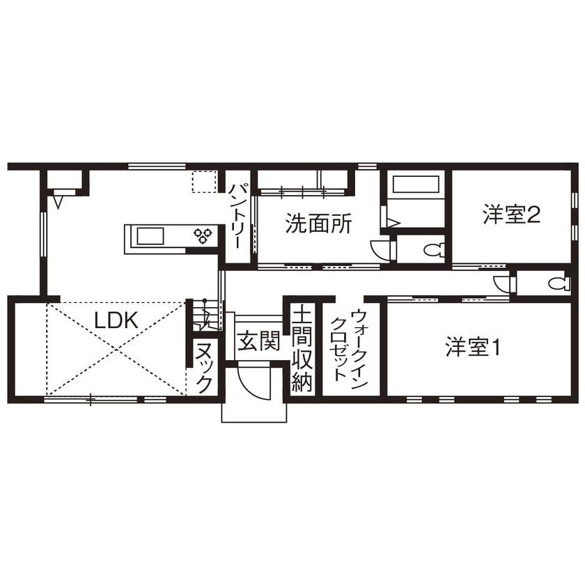 ニッケンホーム 【平屋/29坪/間取り図】省電力でいつも快適。家事ラク動線も参考にしたい、ナチュラルモダンな平屋ZEHの間取り図（2LDK＋小屋裏収納）1階