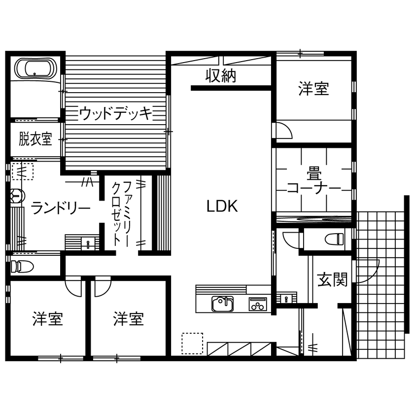 アニバーサリーホーム 【名古屋市／平屋／家事動線／間取図】中庭でのびのび過ごせる。家事ラク動線も自慢の平屋の間取り図（3LDK+畳コーナー+WIC）1階