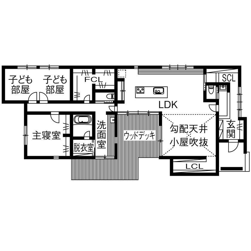 アニバーサリーホーム 【東海市／3100万円台／平屋／収納充実／間取図】完璧な家事動線をめざした中庭囲む回遊プランが自慢の平屋の間取り図（3LDK+FCL+SCL）1階