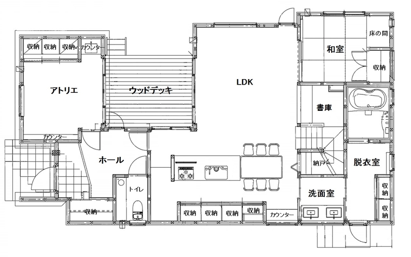 プエルダホーム 【屋上/書斎/露天風呂/6LDK間取図】「心にゆとりが持てるようになりました」開放的で笑い声が続く家の間取り図（6LDK+書斎）１階